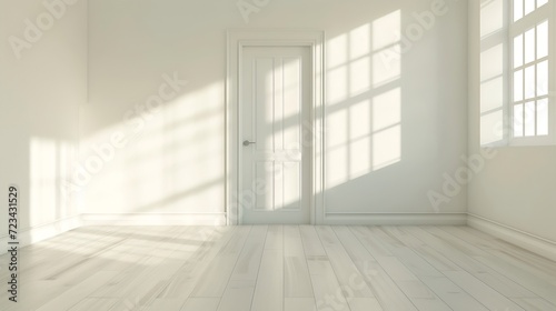 Interior of spacious empty refurbished living room with whitewash walls laminated floor with white door : Generative AI photo