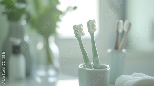 Table with toothbrushes and soap inside a bright defocused bathroom : Generative AI photo