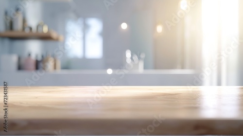 Empty tabletop for product display with blurred bathroom interior background : Generative AI photo
