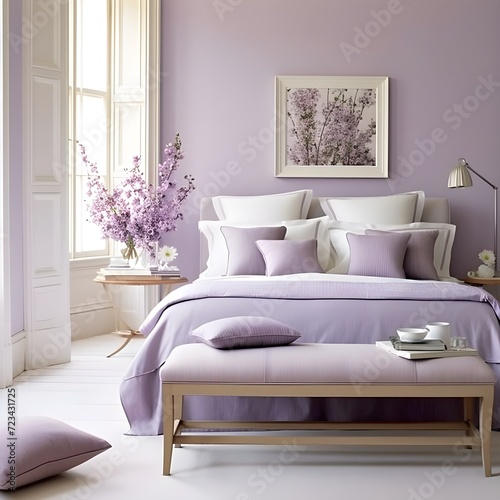 A bedroom designed to evoke a sense of calm with a soothing lavender color palette. Picture lavender walls, soft bedding, and plush carpeting.