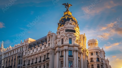 An emblematic building in the city of Madrid, Spain, with the soft golden tones of the setting sun and a serene deep, clear blue sky in the background : Generative AI