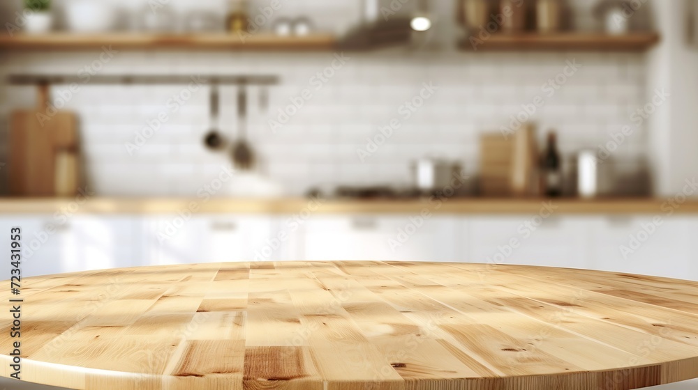 Empty beautiful round wood tabletop counter on interior in clean and bright kitchen background, Ready for display, Banner, for product montage : Generative AI