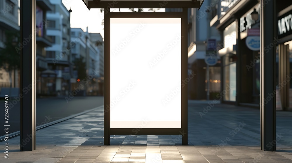 Blank white mockup of bus stop vertical billboard in front of empty street background : Generative AI Blank white mockup of bus stop vertical billboard in front of empty street background : Generative AI