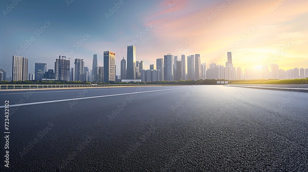Panoramic skyline and modern commercial buildings with empty road. Asphalt road and cityscape at sunrise : Generative AI - obrazy, fototapety, plakaty 
