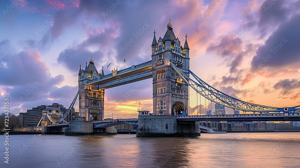 Tower Bridge in London, the UK. Sunset with beautiful clouds. Drawbridge opening. One of English symbols : Generative AI