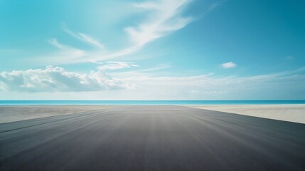 Empty asphalt road near beach under blue sky : Generative AI