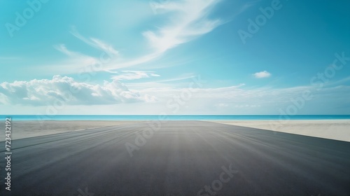 Empty asphalt road near beach under blue sky : Generative AI