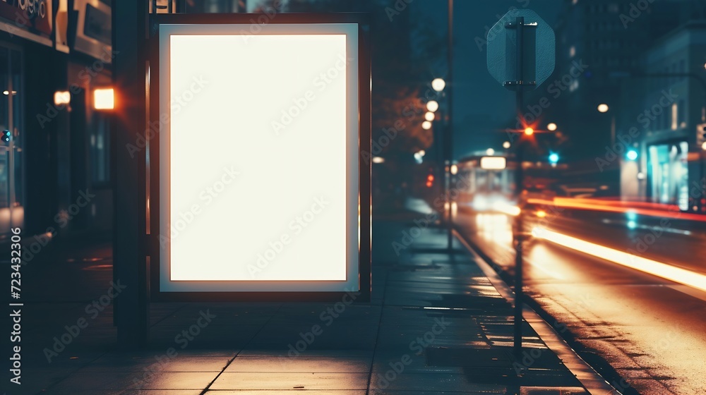 Blank white mockup of bus stop vertical billboard in front of empty street background : Generative AI Blank white mockup of bus stop vertical billboard in front of empty street background : Generative AI