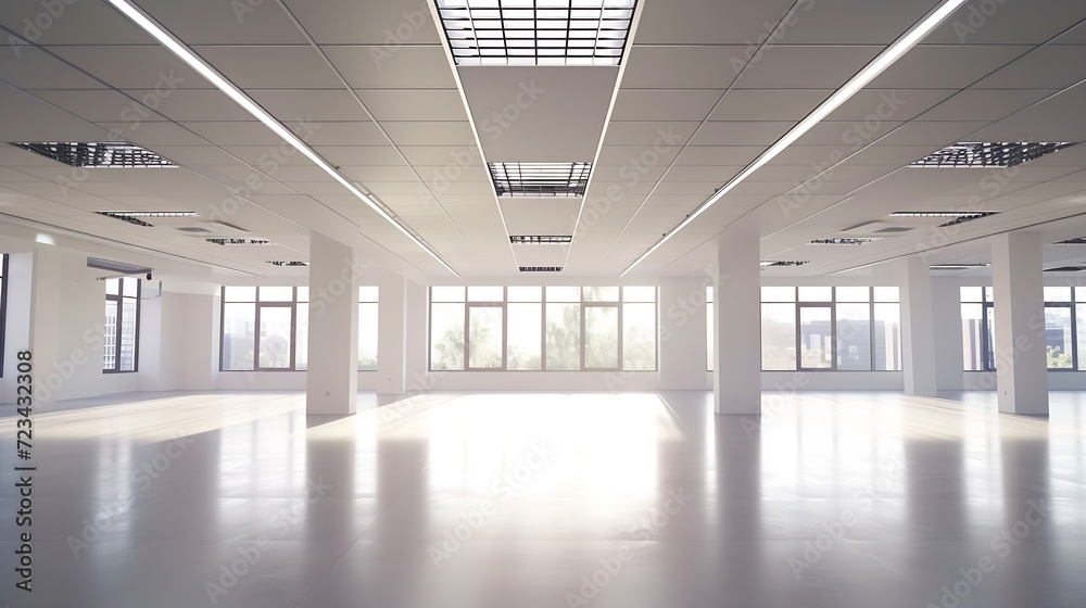 Interior of modern empty office building.Open ceiling design. : Generative AI Interior of modern empty office building.Open ceiling design. : Generative AI