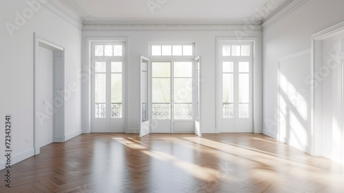 Interior of empty spacious living room with white walls and laminated floor with doors leading to balcony : Generative AI
