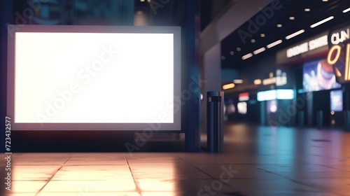 blank showcase billboard or advertising light box for your text message or media content with blurred image of ticket sales counter at movie theater, advertisement, marketing, entertai : Generative AI © Generative AI