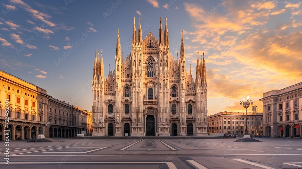 Milan Cathedral, Duomo di Milano, Italy, one of the largest churches in the world on sunrise : Generative AI - obrazy, fototapety, plakaty 