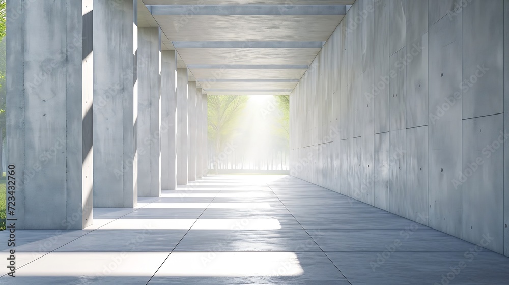 Space for products showcases in the concrete hallway with a park background : Generative AI