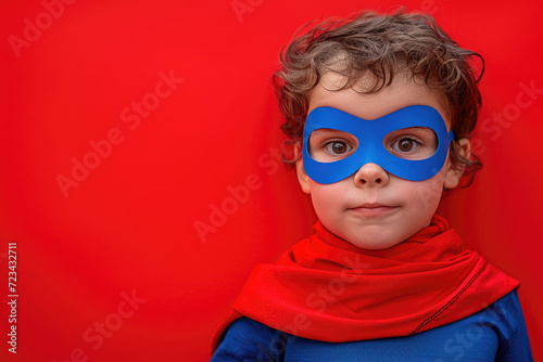 Playful kid superhero on a red background © piai