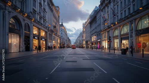 Empty London. Oxford Circus with no traffic or pedestrians. The busy shopping district is normally gridlocked with human traffic. : Generative AI