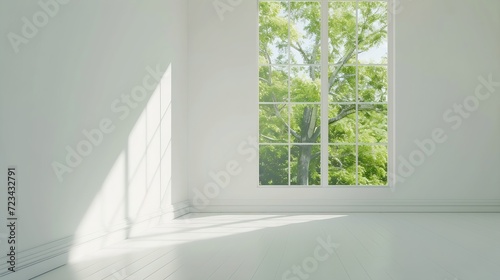 White empty room with green landscape in window. Scandinavian interior design.   Generative AI