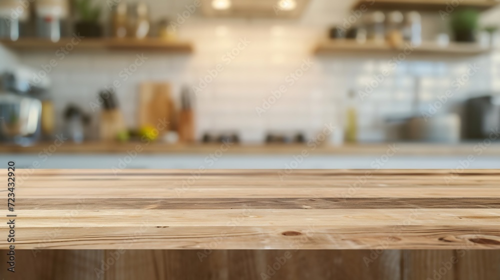 Wood table top on blurred kitchen background. can be used mock up for montage products display or design layout : Generative AI