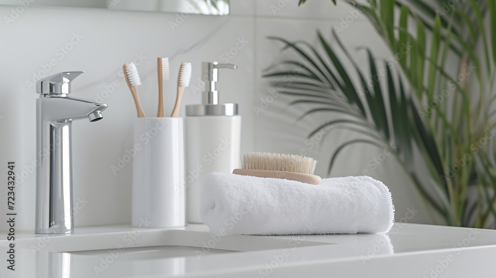 Soap dispenser, toothbrushes and white towel on bathroom counter interior : Generative AI