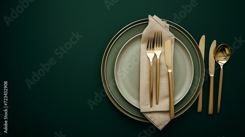 Festive place setting with beige napkin. Empty plates and gold cutlery on dark green background. Top view. Dining table in luxury restaurant. Card or menu template, flat design. Tablew : Generative AI photo
