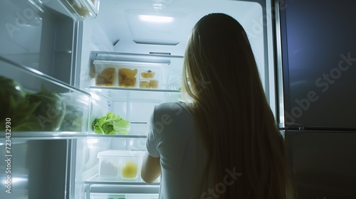 Point of view POV inside refrigerator Caucasian girl hungry woman open fridge at home kitchen look at empty shelves order food products delivery with mobile phone app online service we : Generative AI photo