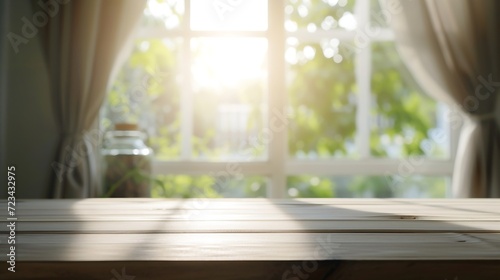 Selective focus.Wood table counter on blur curtain window in morning cozy home background.For montage product display or design key visual : Generative AI