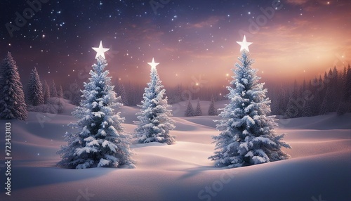 christmas tree with snow highly intricately detailed photograph of Three Christmas trees standing in snow field decorated with stars on top star