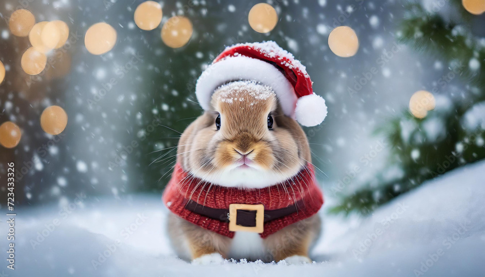 Cute Little Bunny dressed up as Santa Claus on snow background, falling snow, gold bokeh. Funny Winter Christmas Animals.