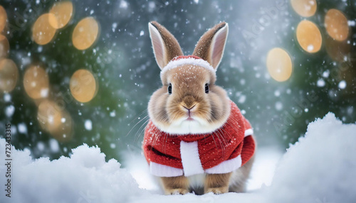 Cute Little Bunny dressed up as Santa Claus on snow background, falling snow, gold bokeh. Funny Winter Christmas Animals. © Naji