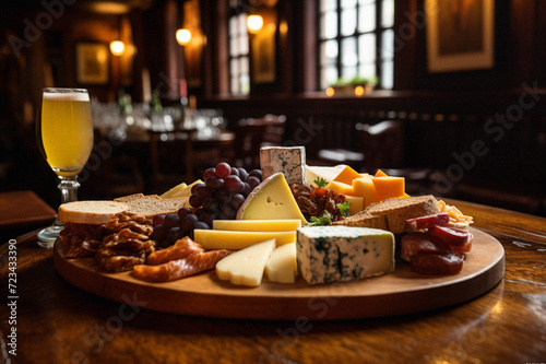 An English cheese plate featuring: stilton cheese, red leicester cheese, and port wine. is Perfect for celebrations, 3d render, ai.