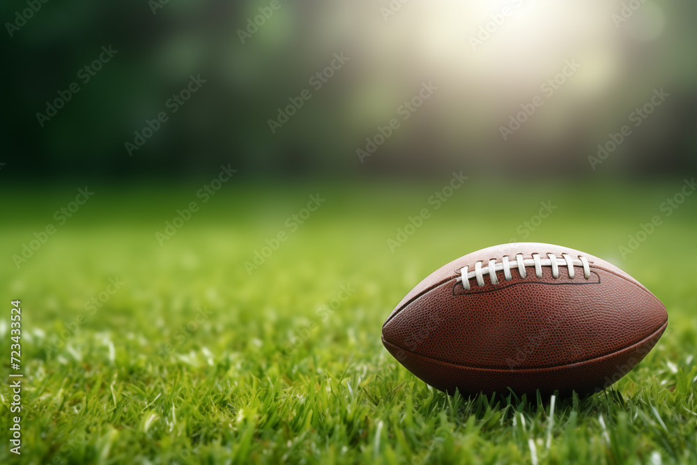 An American football ball on a green grass background. Generative AI. An American football ball on a green grass background. Generative AI.