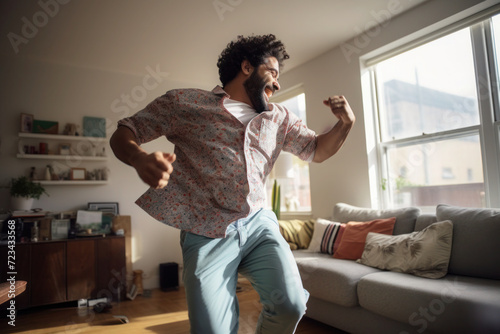 Latin body positive man dancing at home