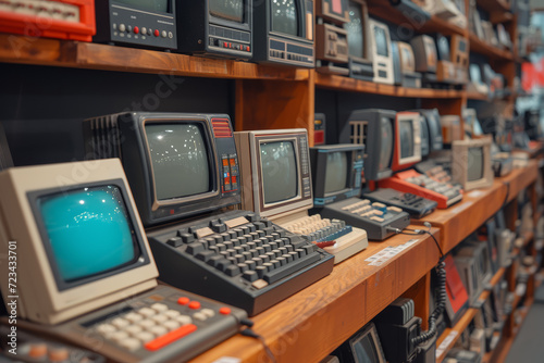 A retro tech fair, displaying gadgets and technology from the past, illustrating the evolution of modern devices. Concept of technological progress and nostalgia. Generative Ai.