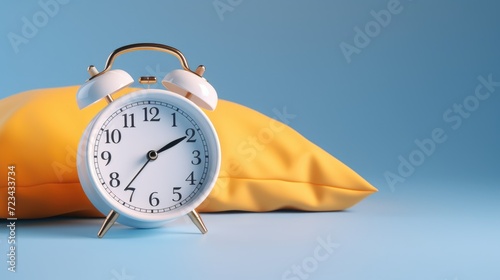 Closeup alarm clock with a pillow on isolated yellow background, bed time or waking up concept with space for copy