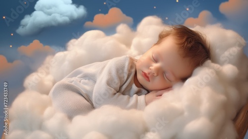 Closeup baby sleeping on soft white clouds