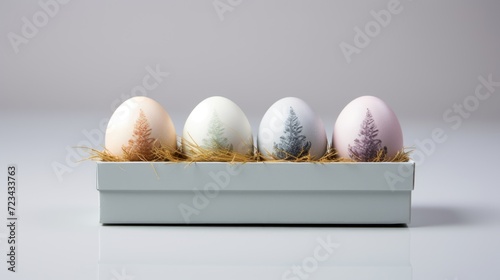 Colorful painted easter eggs in an eggbox on isolated pastel grey background photo