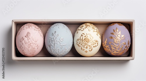 Decorated and painted easter eggs in an eggbox on isolated pastel grey background photo