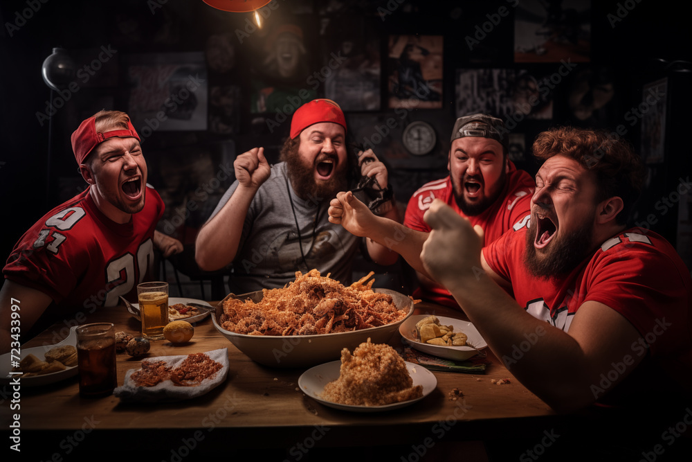 The game is being watched on TV by American football fans screaming. Generative AI. The game is being watched on TV by American football fans screaming. Generative AI.