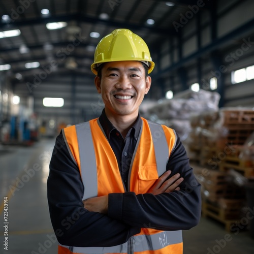 Confident Asian engineer, smiling in industrial setting, professional in safety gear
