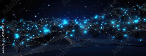 blue light lines of dots and dots on black background, in the style of low poly, geodesic structures