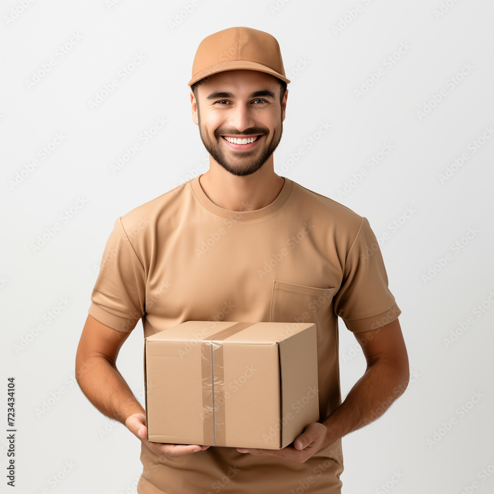 Confident Courier with Package in Brown Uniform Confident Courier with Package in Brown Uniform
