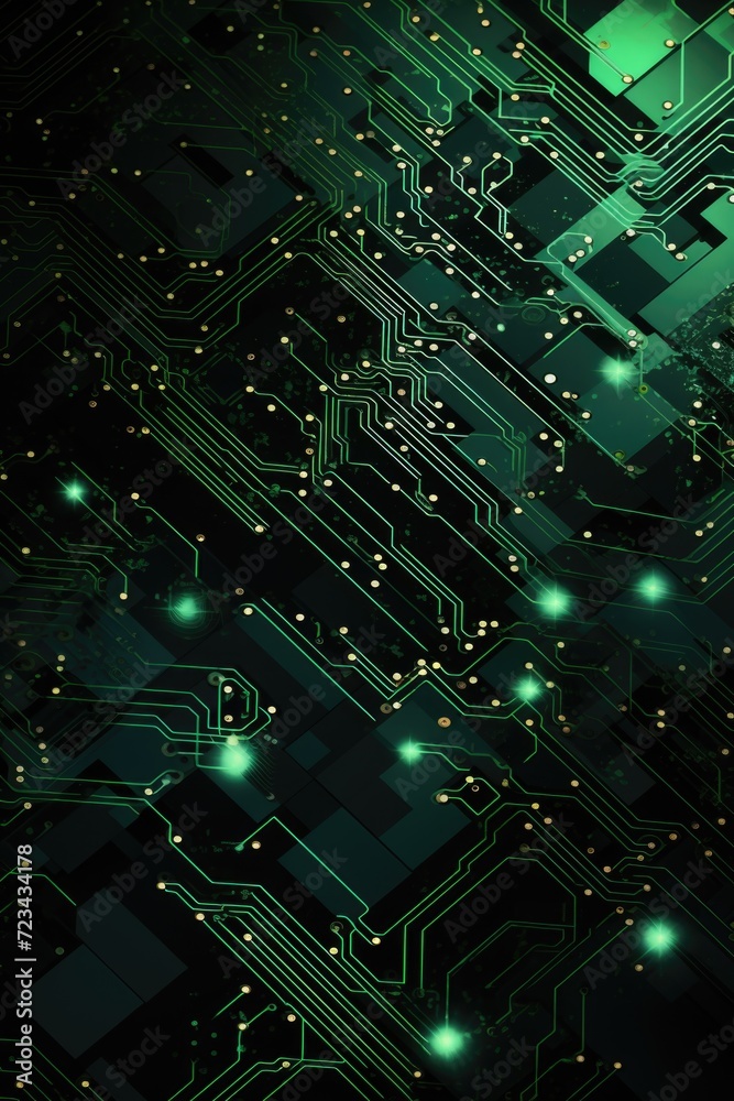 Fototapeta premium green background with electronic circuits, in the style of dramatic diagonals, layered translucency, pulled, scraped