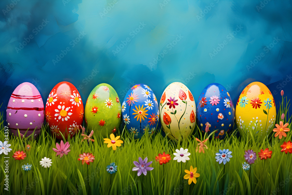 Capture of Easter Spirit: Vibrant, Hand-Painted Easter Eggs Across Floral Spring Meadow