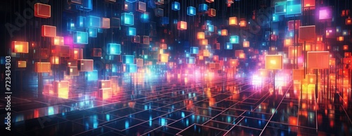 Wallpaper, abstract background, an image of colorful squares and lights, in the style of futuristic organic, greeble, grid