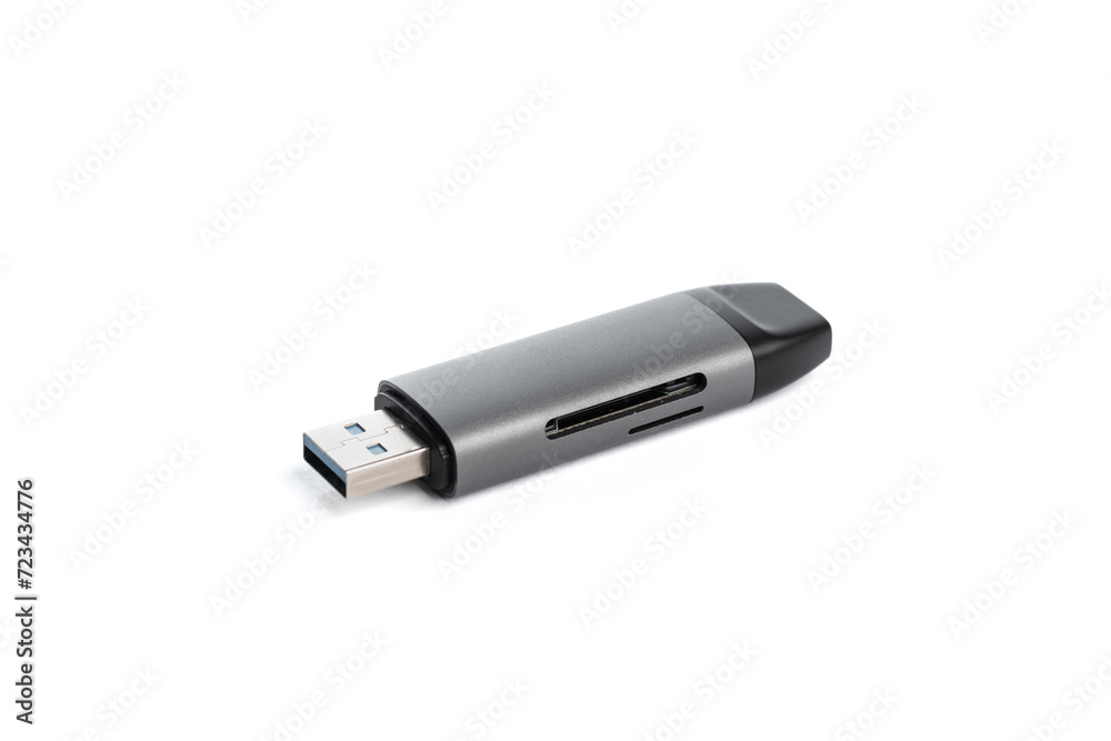 Gray SD memory card reader, Micro SD for a connector isolated on a white background, close -up. (selective focus) Gray SD memory card reader, Micro SD for a connector isolated on a white background, close -up. (selective focus)