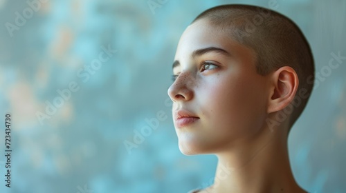 A teenage girl with a shaved head her piercing gaze speaking volumes about the strength and courage it takes to discover and embrace ones true self. photo