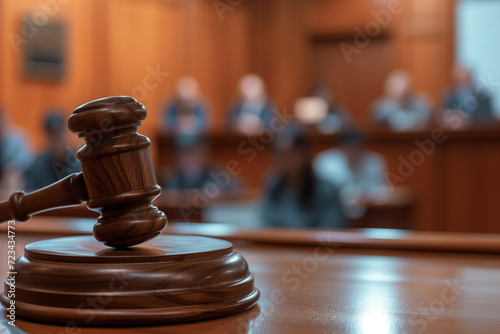 Coseup of judge's gavel on the table in the court room, with people in the backgound