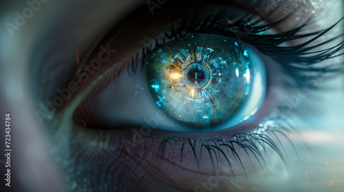 a close-up image of a human eye with a technology reflected in the iris, screens, or digits hologram, creating a sense of merging between the human and the digital