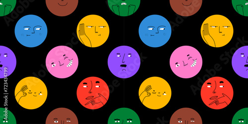 Funny happy face circle cartoon seamless pattern. Diverse mood reaction doodle background in hand drawn style. Fun children character texture print, friendly emotion sticker wallpaper.