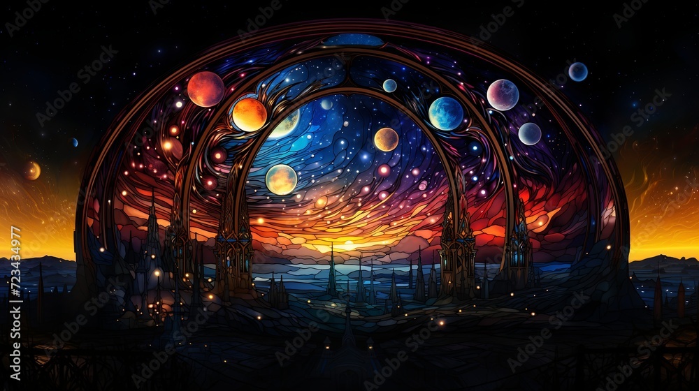 Abstract stained glass fantasy world galaxy pattern.
