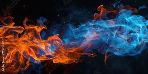 Spectral Flames and Smoke: A Dynamic Contrast of Fire and Mist, A dance of elemental contrast as fiery orange flames entwine with misty blue smoke against the void